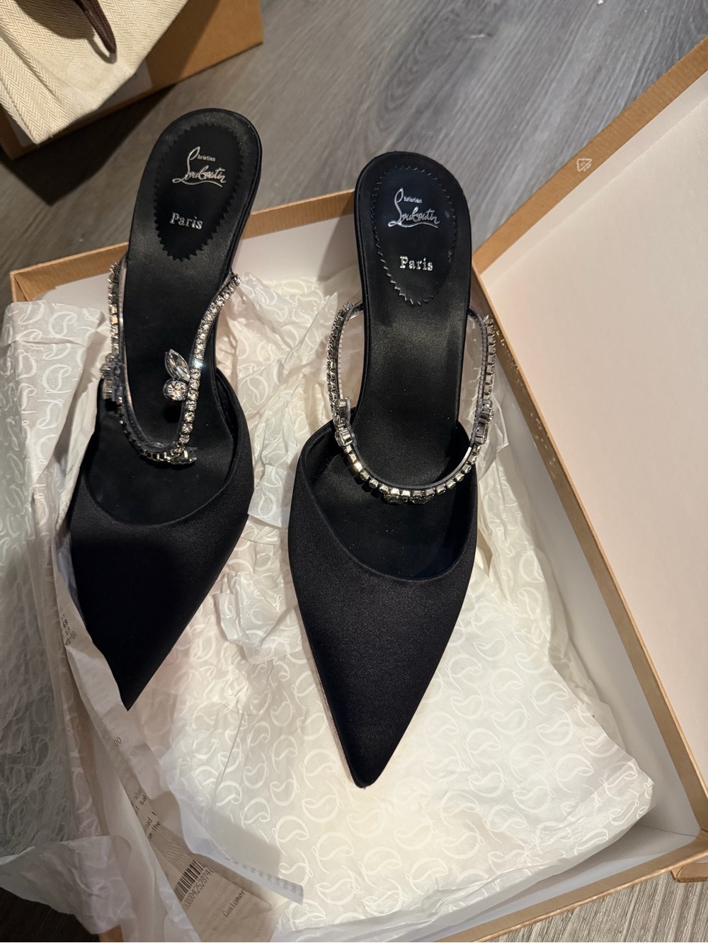 Christian Louboutin Black Satin Jeweled Slingback Heels